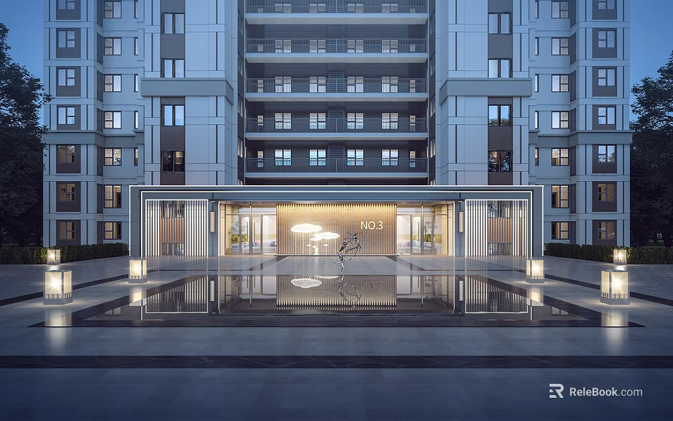 Modern Entrance Gate of Luxury Apartment Building with Illuminated Lighting and Water Reflection 3d model 