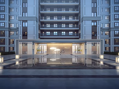 Modern Entrance Gate of Luxury Apartment Building with Illuminated Lighting and Water Reflection 3d model