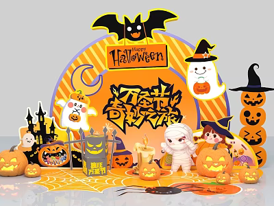 Halloween Spooky Photo Spot with Bat Pumpkin Ghost Witch Hat Castle and Mummy Decorations 3d model