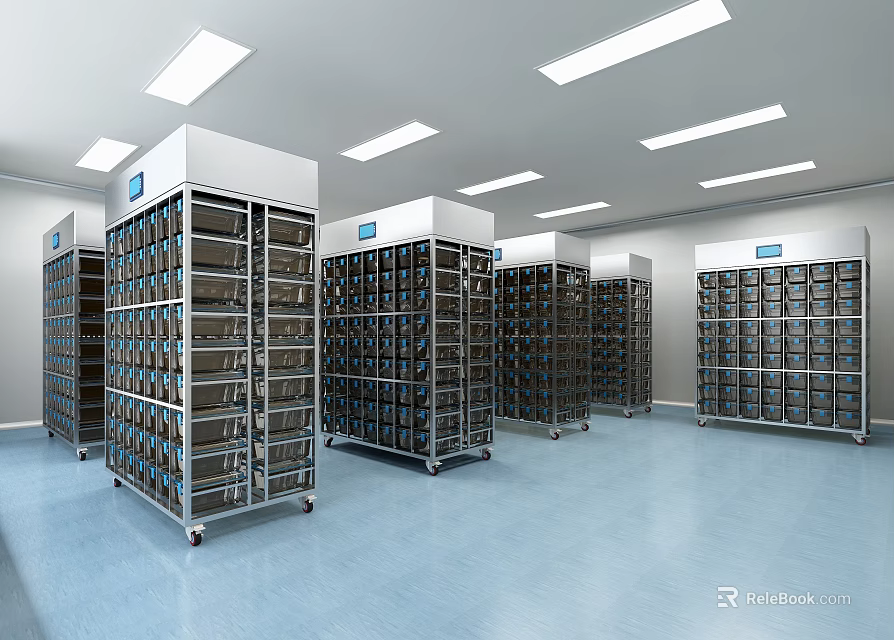 Spacious Bright Laboratory With Metal Cabinets Many Drawers Blue Flooring And Strip Lights 3d model 