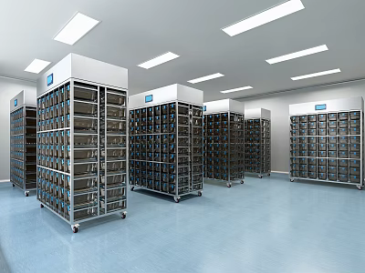 Spacious Bright Laboratory With Metal Cabinets Many Drawers Blue Flooring And Strip Lights 3d model
