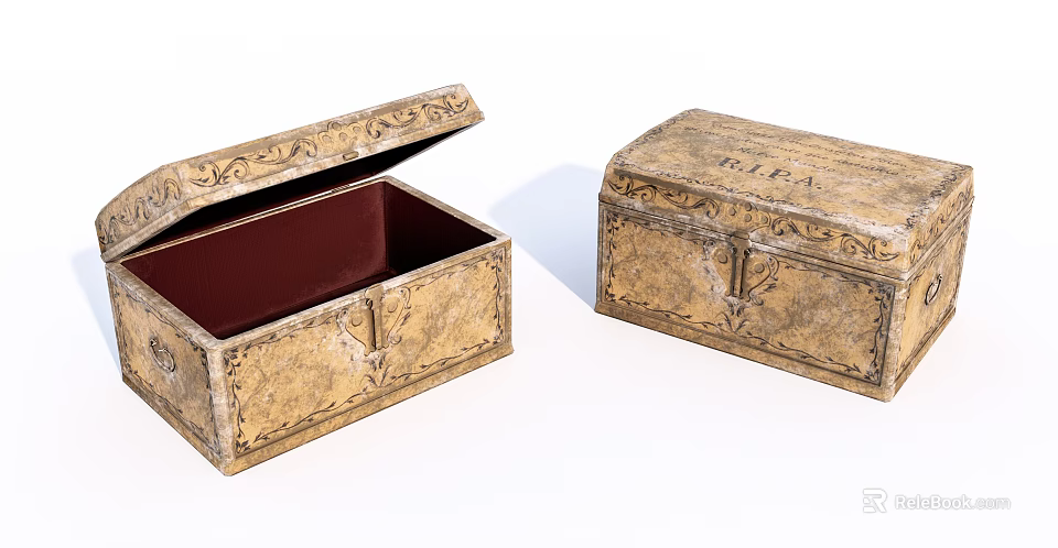 Vintage Style Decorative Ornament Set With Carved Open Box And Red Lining 3d model 