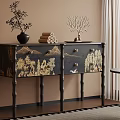 Oriental Style Entryway Console Table With Golden Landscape Pattern Bamboo Legs And Decorative Items 3d model