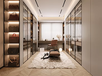 Modern Walk in Closet Interior Featuring Glass Cabinets Displayed Bags And Fluffy Rug 3d model