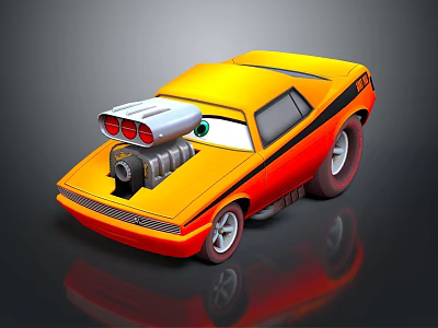Yellow And Red Animated Cartoon Car With Big Eyes Black Stripes And Large Engine 3d model