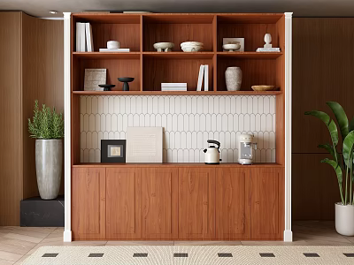 Wooden Sideboard With Open Shelves Decorative Bowls Books Photo Frame Coffee Maker And Potted Plants 3d model