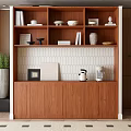 Wooden Sideboard With Open Shelves Decorative Bowls Books Photo Frame Coffee Maker And Potted Plants