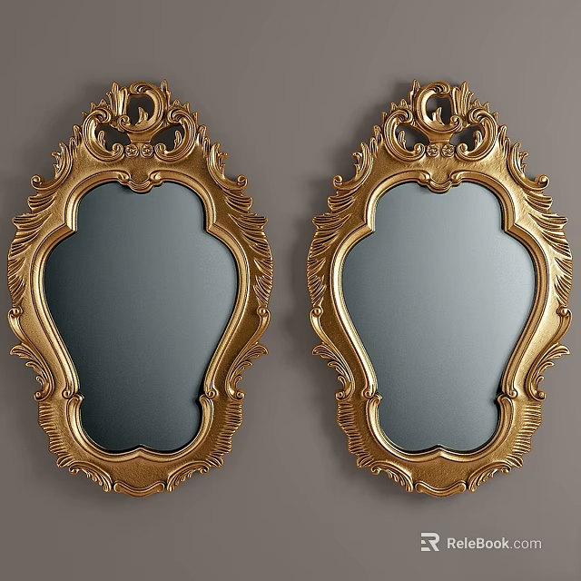 Two Gold Ornate Mirrors with Intricate Carved Frames Hanging on Gray Wall 3d model 