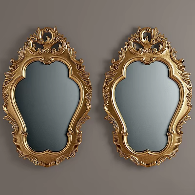 Two Gold Ornate Mirrors with Intricate Carved Frames Hanging on Gray Wall 3d model