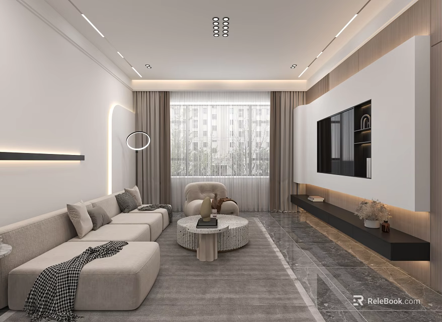 Modern Living And Dining Area With Light Colored Sofa Round Coffee Table And TV Cabinet 3d model 
