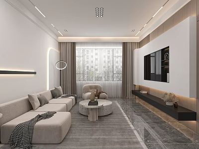 Modern Living And Dining Area With Light Colored Sofa Round Coffee Table And TV Cabinet 3d model