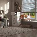 Cozy Living Room With Gray Sofa White Chest Of Drawers Green Plants And Woven Rug