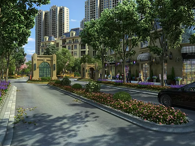 Modern Building Exterior Wall Design With Green Plants Street Trees And High Rises 3d model