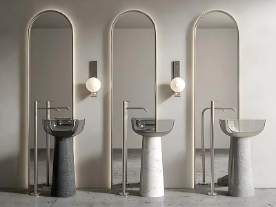 Elegant Modern Bathroom Pedestal Washbasins With Arched Mirrors And Round Wall Lamps 3d model
