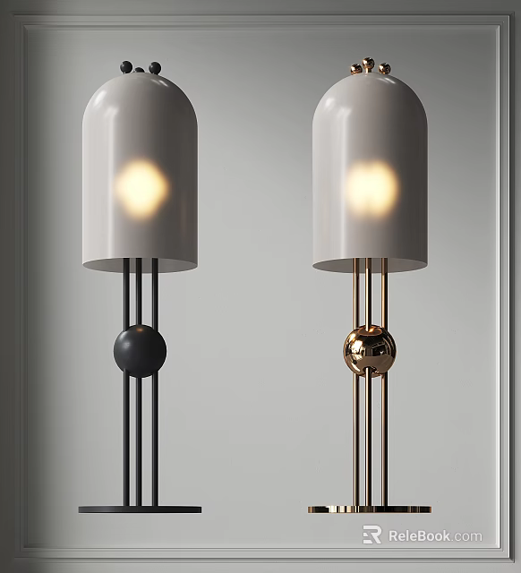 Modern Table Lamps With White Shades Illuminated Black And Gold Stems Decorative Spheres 3d model 