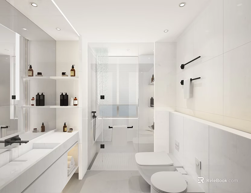 Modern White Bathroom Interior Design With Marble Vanity Toilet Shower Enclosure Shelves And Mirror 3d model 