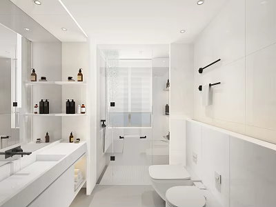 Modern White Bathroom Interior Design With Marble Vanity Toilet Shower Enclosure Shelves And Mirror 3d model
