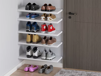 Multi Tiered White Corner Shoe Rack Organizing Various Shoes In Home 3d model