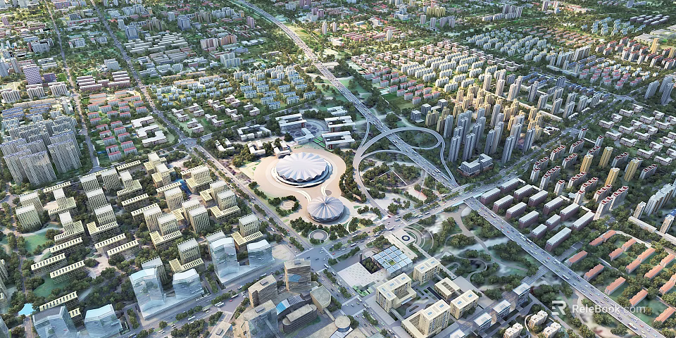 Birds Eye View Urban Plan With Residential High Rise Buildings Green Spaces And Roads 3d model 