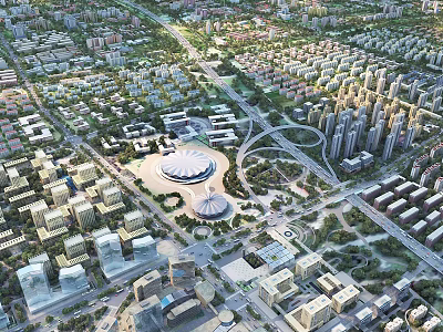 Birds Eye View Urban Plan With Residential High Rise Buildings Green Spaces And Roads 3d model