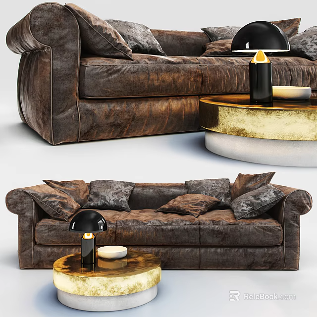 Brown Textured Multi Seater Sofa With Round Coffee Table Gold Base Decorative Lamp And Candle 3d model 