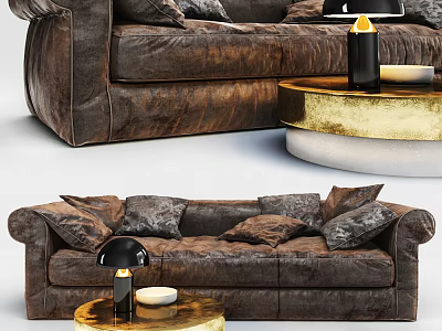 Brown Textured Multi Seater Sofa With Round Coffee Table Gold Base Decorative Lamp And Candle 3d model