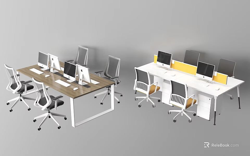 Modern Office Desk Setup With Multiple Computers Chairs And Partition Panels 3d model