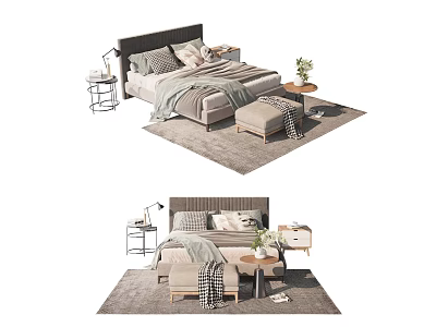 Modern Double Bed Setup With Nightstand Lamp Side Table And Green Plants On Rug 3d model
