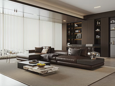 Elegant Modern Living Room Interior With Brown Leather Sectional Sofa And Built In Storage Cabinets 3d model