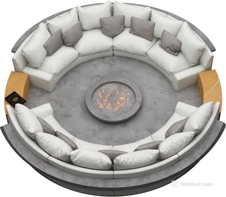 Modern Round Sectional Sofa with Central Fire Pit and Plush Comfortable Cushions 3d model 