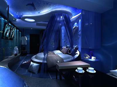 Blue Themed Hotel Guest Room With Dolphin Ceiling Decor Canopy Bed And Ocean Elements 3d model