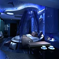 Blue Themed Hotel Guest Room With Dolphin Ceiling Decor Canopy Bed And Ocean Elements 3d model