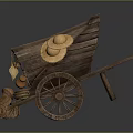 Vintage Wooden Cart Displaying Straw Hats And Woven Baskets On Wheels