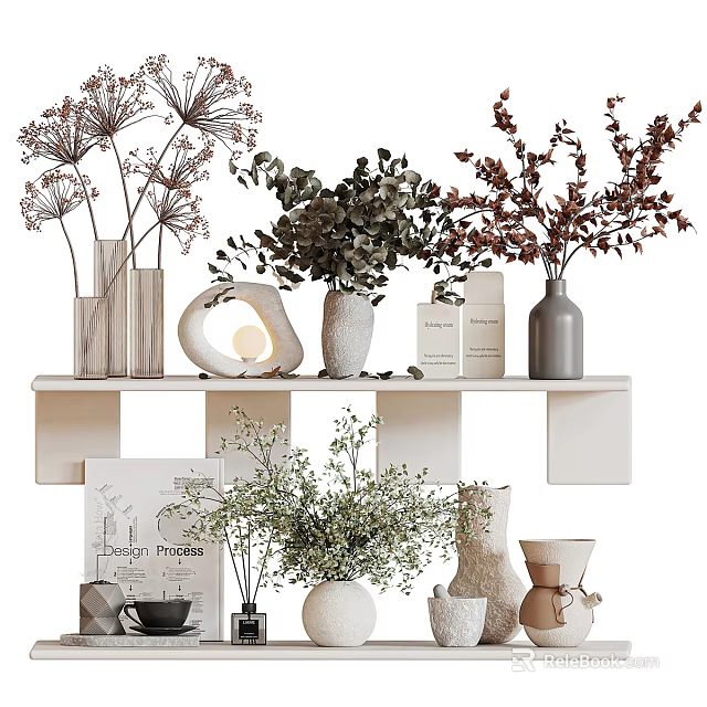 Stylish Decorative Ornament Combination With Vases Plants Lamp And White Shelf 3d model 