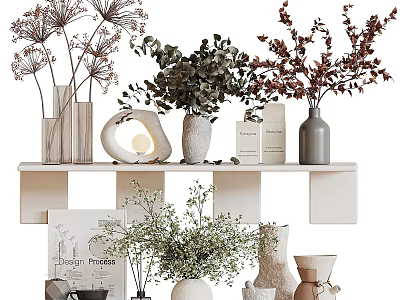 Stylish Decorative Ornament Combination With Vases Plants Lamp And White Shelf 3d model