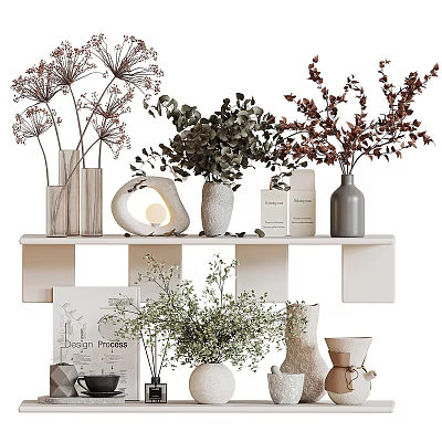 Stylish Decorative Ornament Combination With Vases Plants Lamp And White Shelf 3d model
