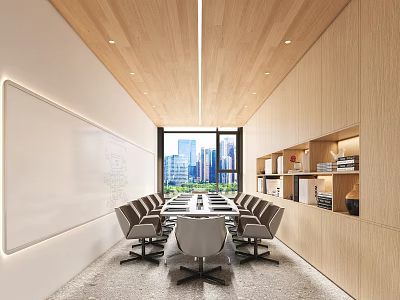 Modern Conference Room Interior With Long Table Chairs Whiteboard And City View Through Large Windows 3d model
