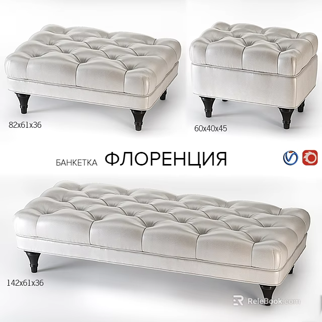 Classic Tufted Leather Ottoman Sofa Stool For Living Room With Various Sizes 3d model 
