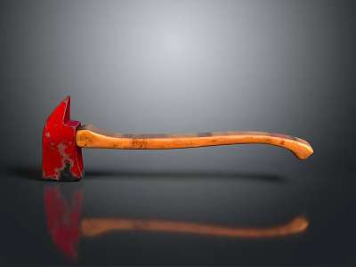 Worn Red Axe With Wooden Handle On Gray Background And Reflection 3d model