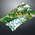 3D Terrain Landscape Featuring Mountains Green Vegetation River And Snowy Areas