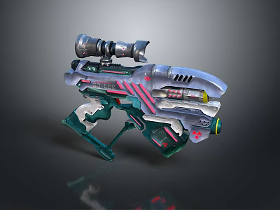 Futuristic Science Fiction Gun With Scope Metallic Texture Green Red Accents On Black Background 3d model