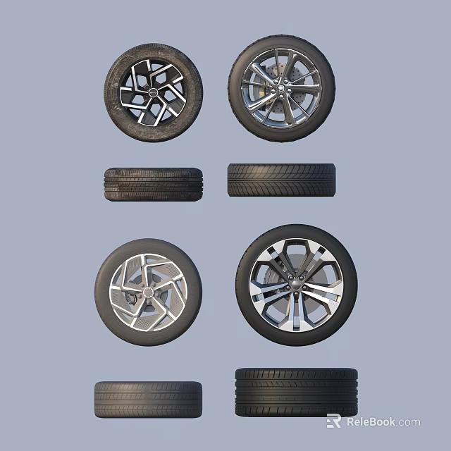 Car Tires With Various Wheel Designs Front And Side Views 3d model 