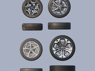 Car Tires With Various Wheel Designs Front And Side Views 3d model