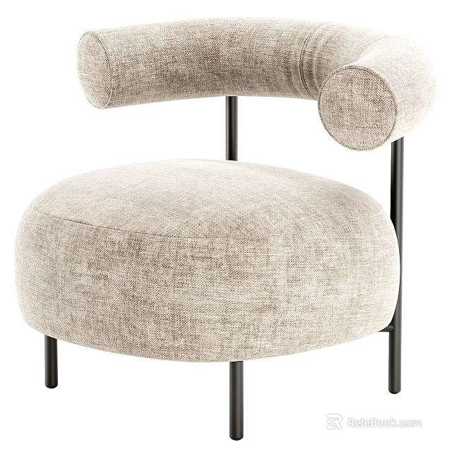 Beige Fabric Accent Chair with Curved Armrests Round Seat Cushion and Black Metal Legs 3d model 