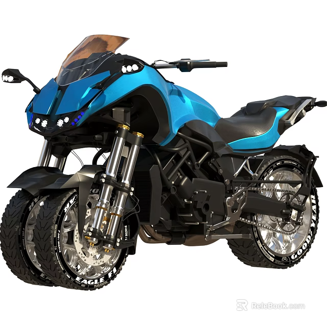 Blue Modern Motorcycle With Sleek Design LED Headlights Large Tires And Black Seat 3d model 