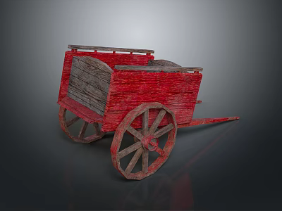 Vintage Red Wooden Cart With Large Spoked Wheels And Wooden Cargo Bed 3d model