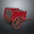 Vintage Red Wooden Cart With Large Spoked Wheels And Wooden Cargo Bed