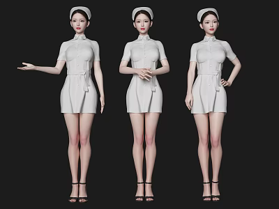 Three Women in White Nurse Uniforms with Different Standing Poses Against Black Background 3d model