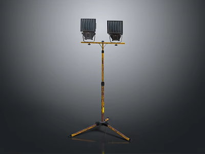 Portable Lighting Fixture Set with Two Black Lamps Mounted on Yellow Tripod Stand 3d model