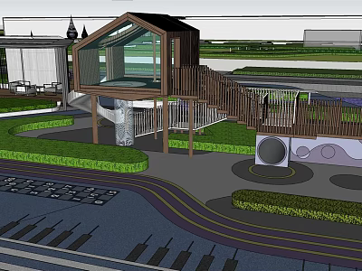 Modern Garden Landscape Design With Wooden Platform Glass Structure And Lush Greenery 3d model